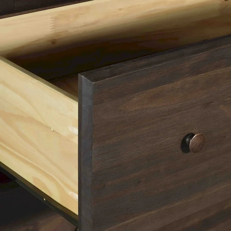 Armoire 2 portes avec 2 tiroirs et poignées métalliques en pin massif, coloris Expresso / Cerisier / Noyer – Meuble unique