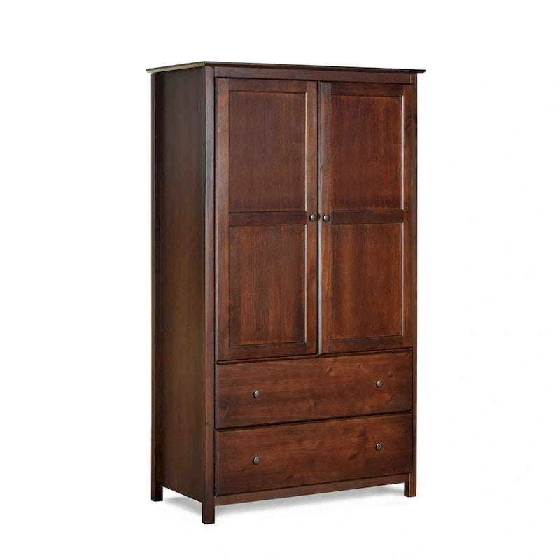 Armoire 2 portes avec 2 tiroirs et poignées métalliques en pin massif, coloris Expresso / Cerisier / Noyer – Meuble unique