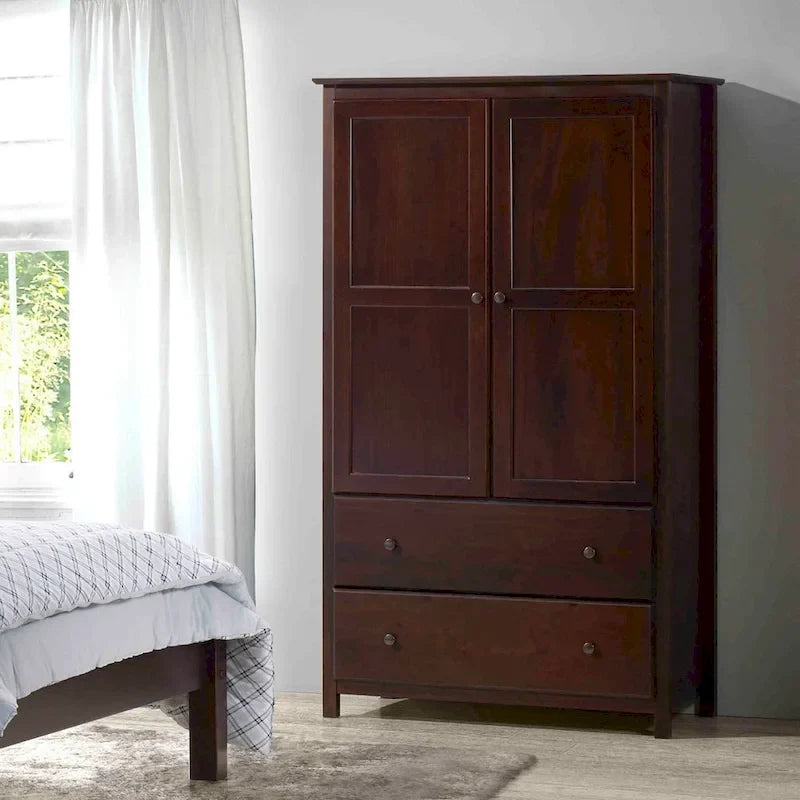 Armoire 2 portes avec 2 tiroirs et poignées métalliques en pin massif, coloris Expresso / Cerisier / Noyer – Meuble unique