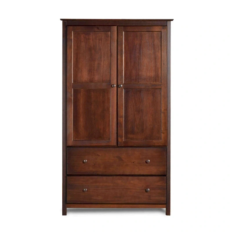 Armoire 2 portes avec 2 tiroirs et poignées métalliques en pin massif, coloris Expresso / Cerisier / Noyer – Meuble unique
