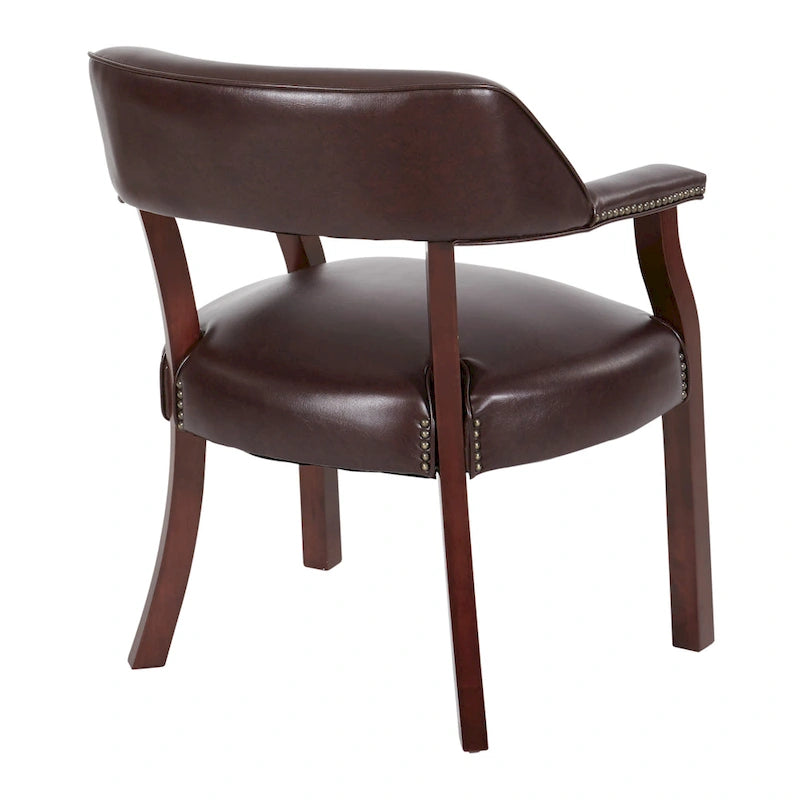 Chaise Visiteur Traditionnelle Acajou / Rouge Sang de Bœuf avec Dossier Enveloppant, Garniture Cloutée et Revêtement Vinyle – Siège Unique