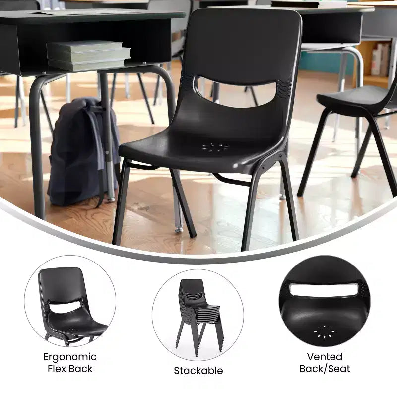 Chaise de salle de classe empilable Flash Furniture HERCULES résistante et confortable avec cadre thermolaqué, dossier et assise ergonomiques