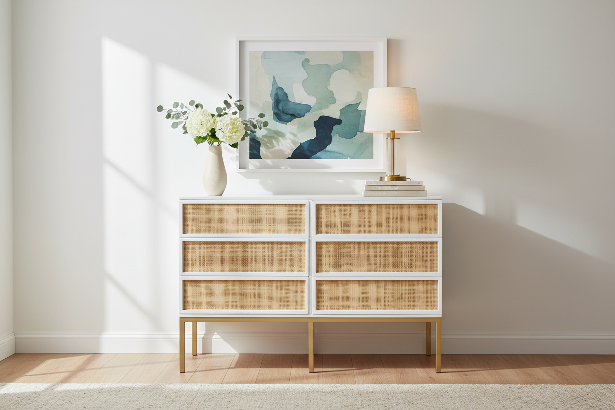 Commode en rotin à 6 tiroirs, avec cadre métallique, coloris noir / blanc / noyer / naturel – Unité simple