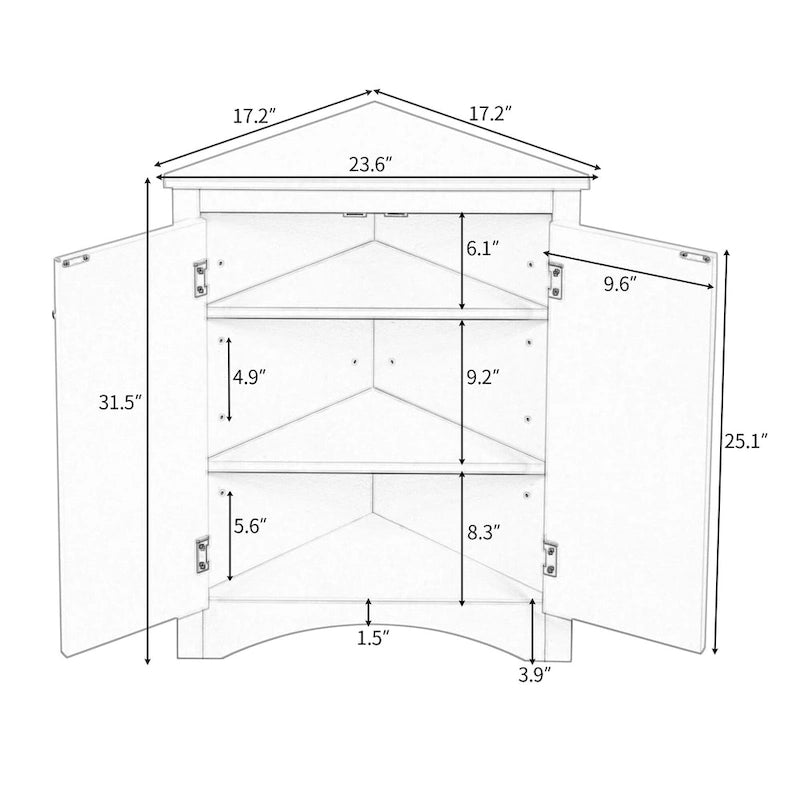 Meuble d'angle en chêne peint avec 2 étagères réglables et bouton en nickel brossé – Unité simple