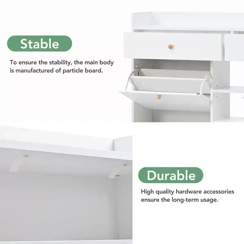 Meuble à chaussures avec 4 tiroirs basculants, organisateur de rangement de chaussures multifonctionnel à 2 niveaux avec tiroirs, étagère à chaussures autoportante pour l'entrée, blanc