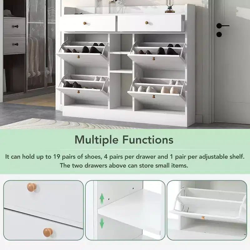 Meuble à chaussures avec 4 tiroirs basculants, organisateur de rangement de chaussures multifonctionnel à 2 niveaux avec tiroirs, étagère à chaussures autoportante pour l'entrée, blanc