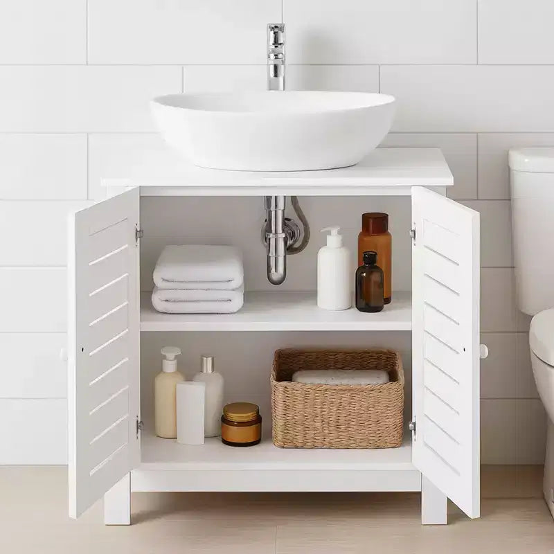Meuble sous-lavabo de salle de bain Evideco avec 2 portes et étagère, sans pied, pour lavabo non suspendu