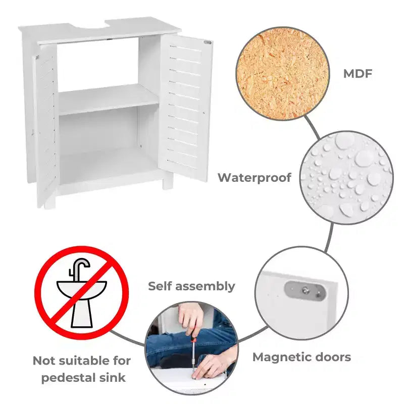 Meuble sous-lavabo de salle de bain Evideco avec 2 portes et étagère, sans pied, pour lavabo non suspendu