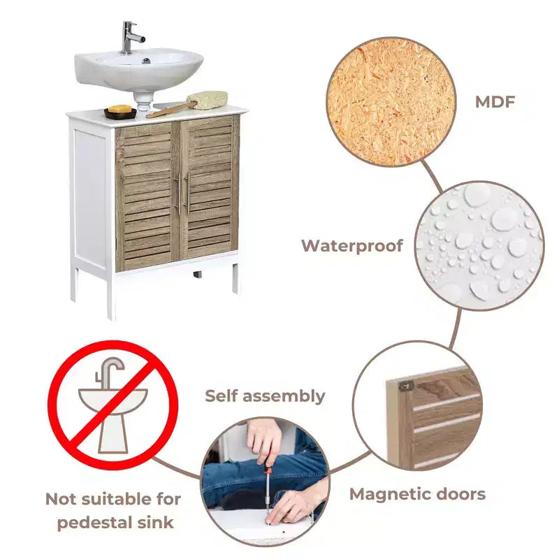 Meuble sous-lavabo de salle de bain Evideco avec 2 portes et étagère, sans pied, pour lavabo non suspendu