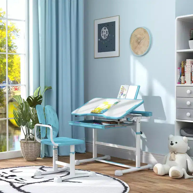 Ensemble bureau et chaise pour enfants Qaba, ensemble bureau et chaise d'étude réglable en hauteur avec plateau inclinable et rangement pour l'écriture, la lecture et le dessin