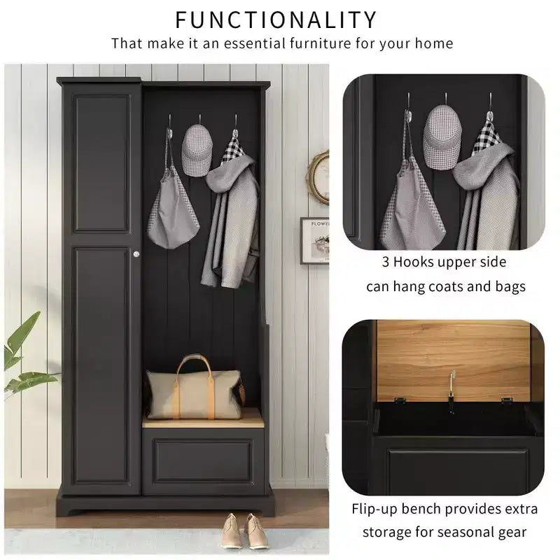 Porte-manteau avec banc rabattable, banc d'entrée avec patère, banc de rangement autoportant pour buanderie, salon, entrée