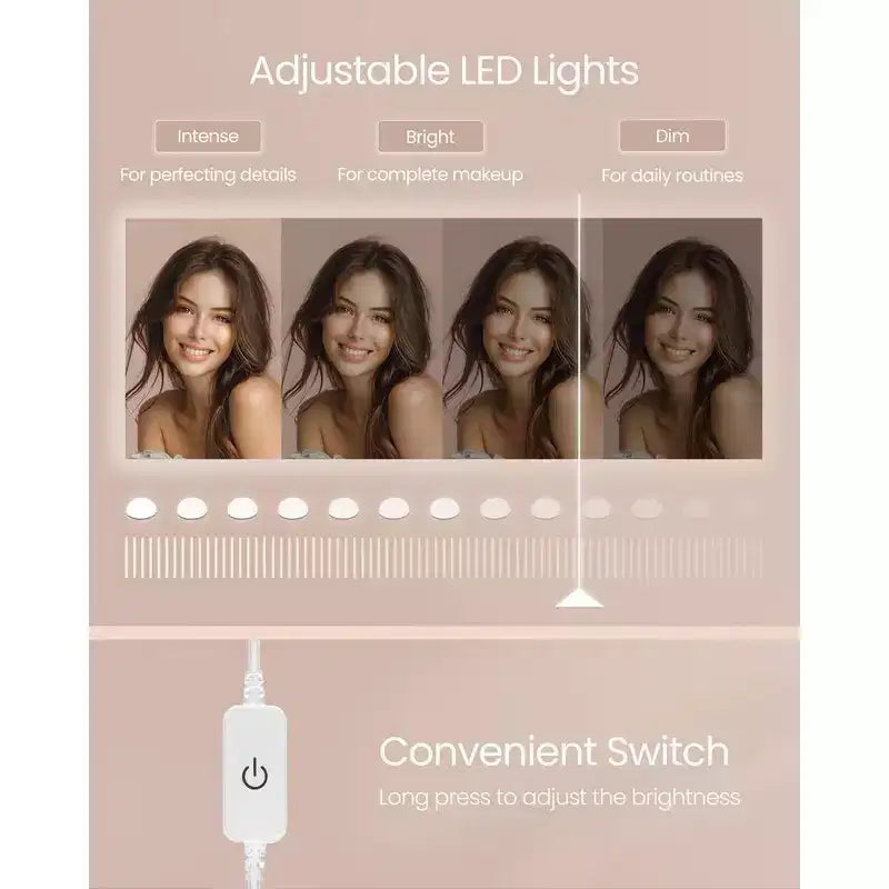 VASAGLE Coiffeuse avec Miroir et Lumières, Coiffeuse de Maquillage avec Tabouret Rembourré, 9 Lumières LED Dimmables, 3 Compartiments, 2 Tiroirs