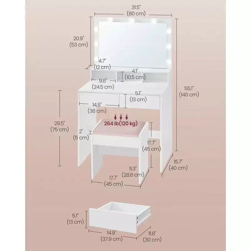 VASAGLE Coiffeuse avec Miroir et Lumières, Coiffeuse de Maquillage avec Tabouret Rembourré, 9 Lumières LED Dimmables, 3 Compartiments, 2 Tiroirs