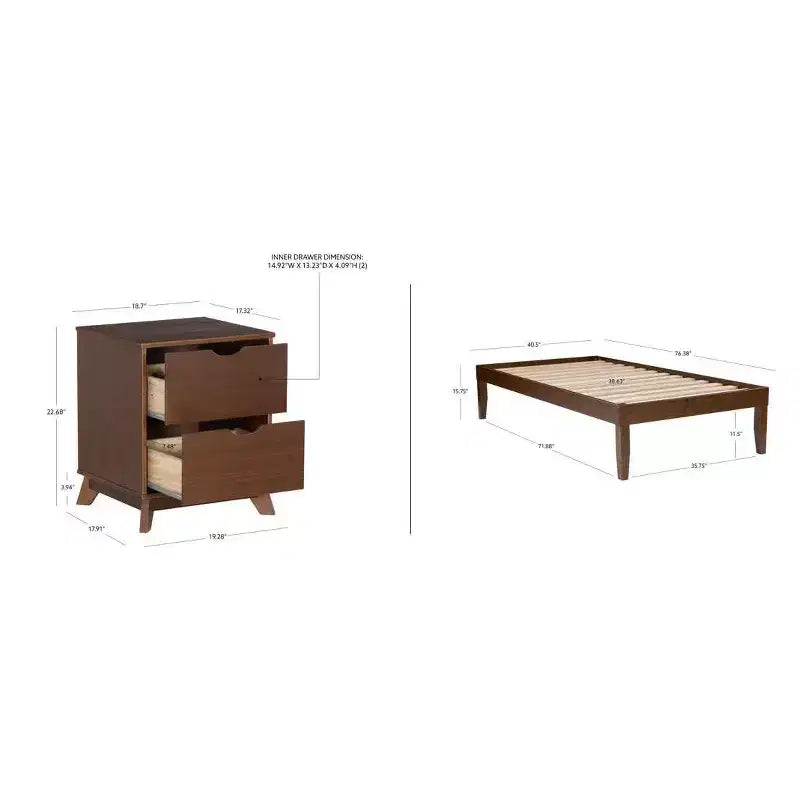 Lit plateforme jumeau et table de chevet Powell Pensy