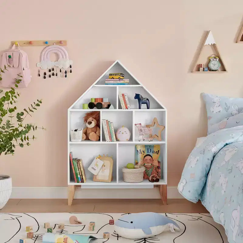 Étagère sur pied Steiner White Dollhouse à 8 compartiments pour livres ou figurines, avec pieds en hêtre