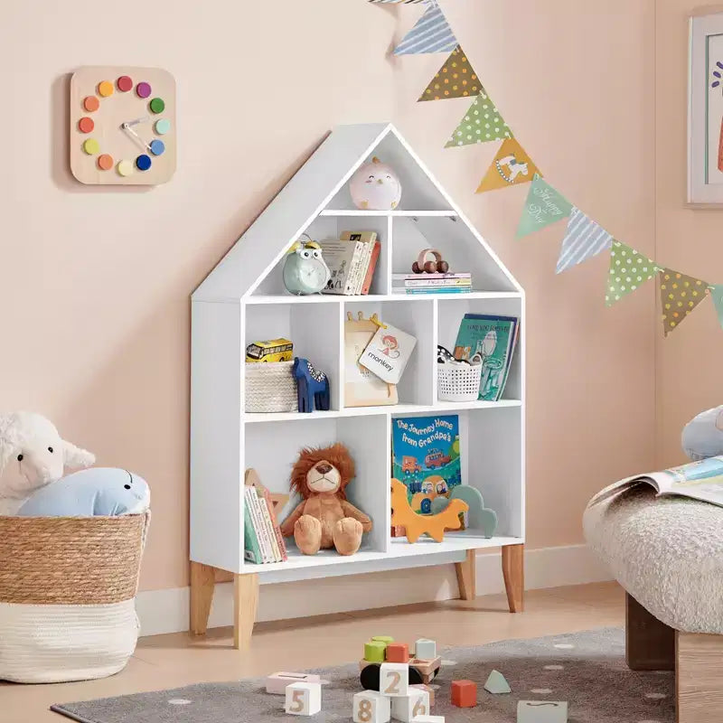 Étagère sur pied Steiner White Dollhouse à 8 compartiments pour livres ou figurines, avec pieds en hêtre