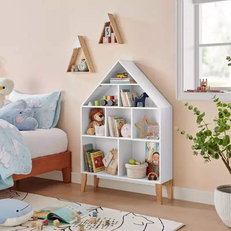 Étagère sur pied Steiner White Dollhouse à 8 compartiments pour livres ou figurines, avec pieds en hêtre