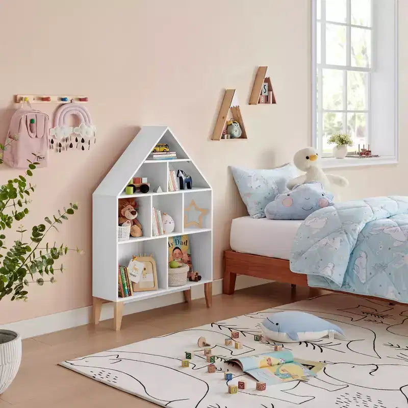 Étagère sur pied Steiner White Dollhouse à 8 compartiments pour livres ou figurines, avec pieds en hêtre