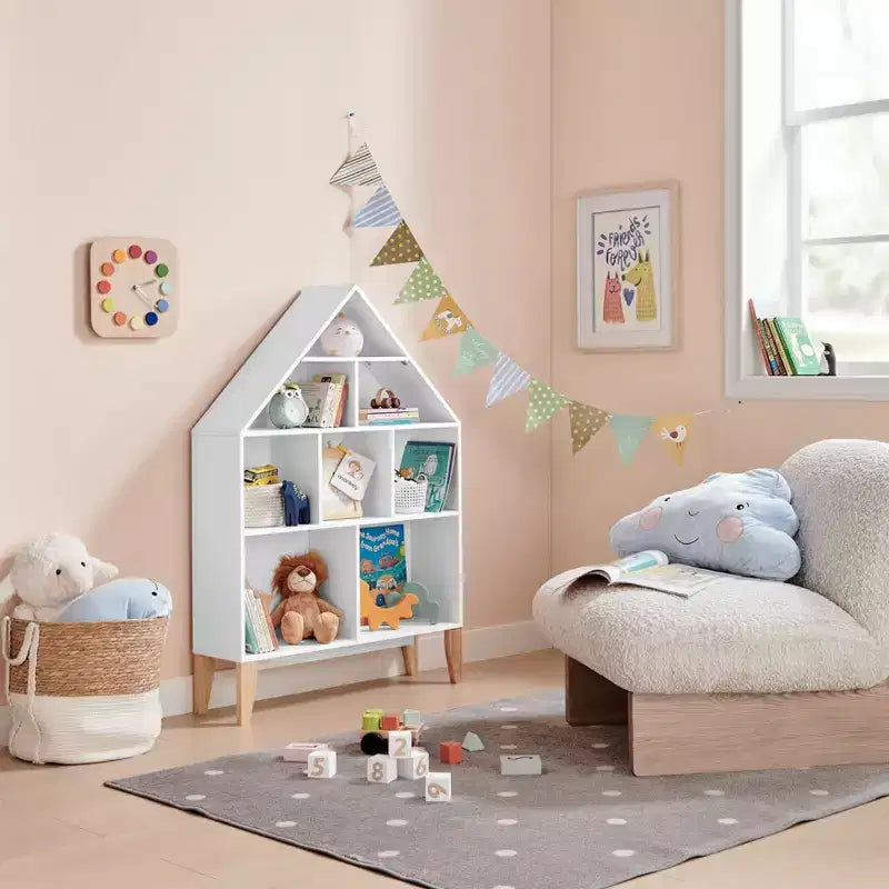 Étagère sur pied Steiner White Dollhouse à 8 compartiments pour livres ou figurines, avec pieds en hêtre