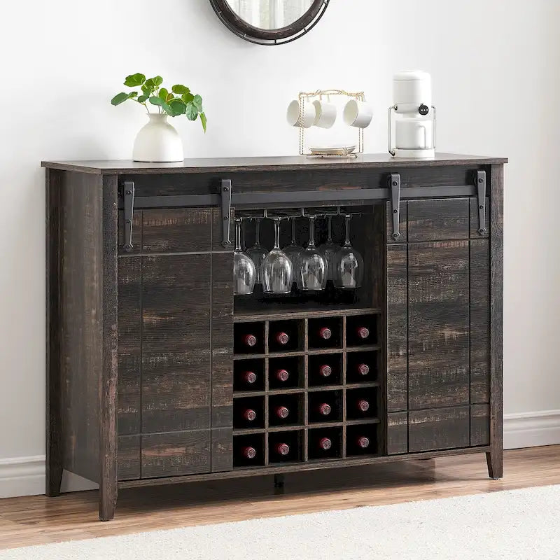 Meuble bar à vin en bois foncé/blanc avec porte coulissante de style rustique et range-bouteilles 16 emplacements – Unité simple