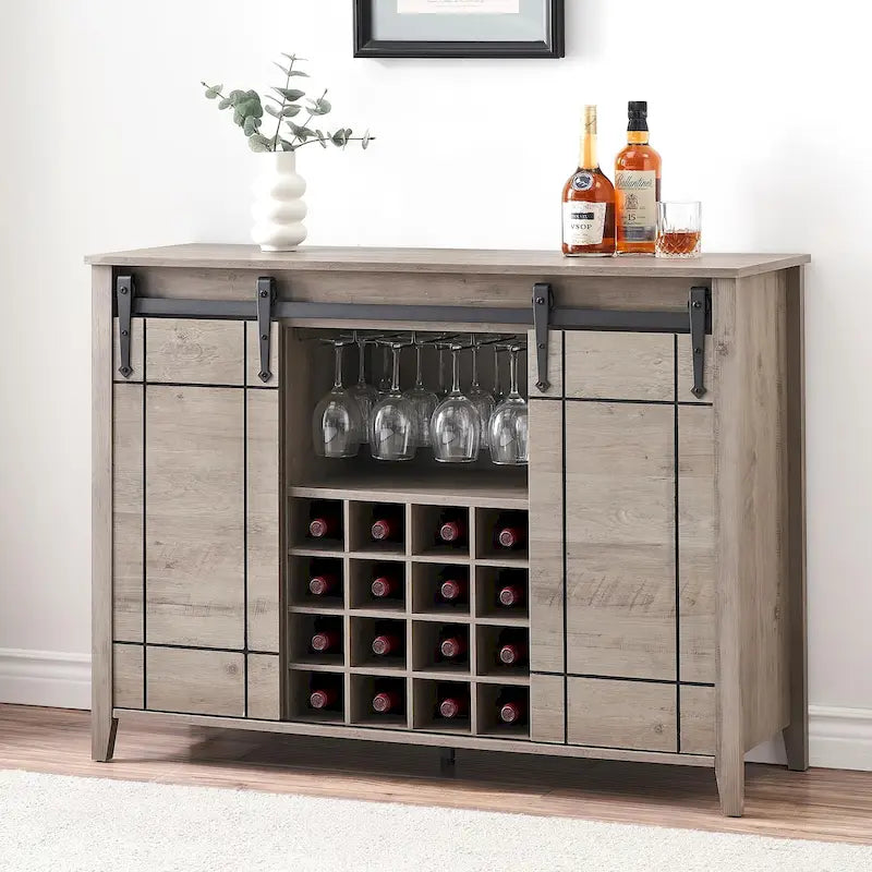 Meuble bar à vin en bois foncé/blanc avec porte coulissante de style rustique et range-bouteilles 16 emplacements – Unité simple