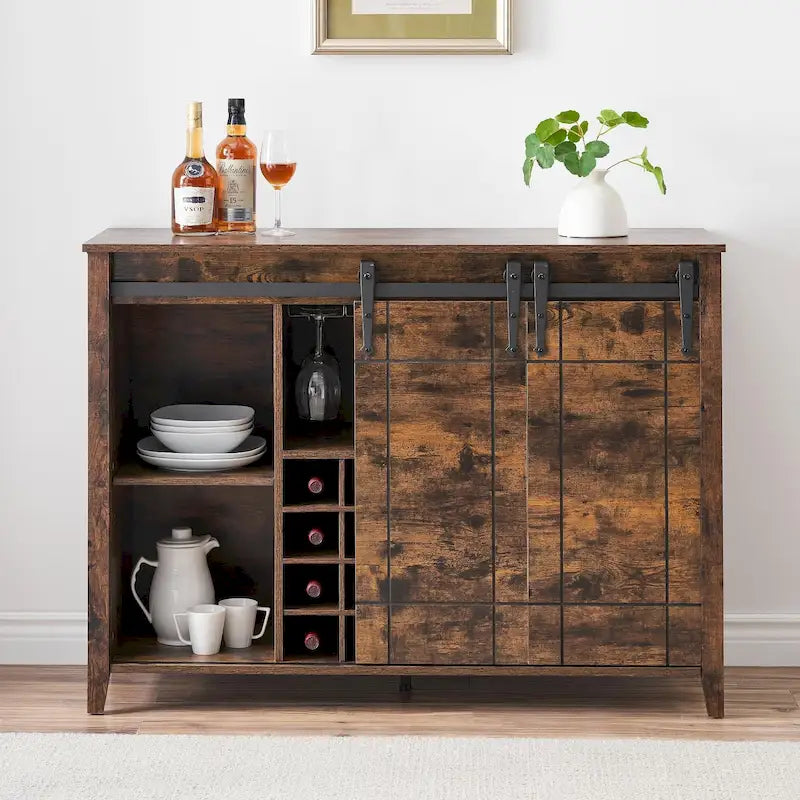 Meuble bar à vin en bois foncé/blanc avec porte coulissante de style rustique et range-bouteilles 16 emplacements – Unité simple