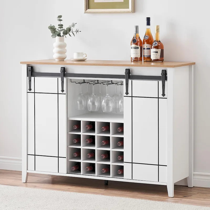Meuble bar à vin en bois foncé/blanc avec porte coulissante de style rustique et range-bouteilles 16 emplacements – Unité simple
