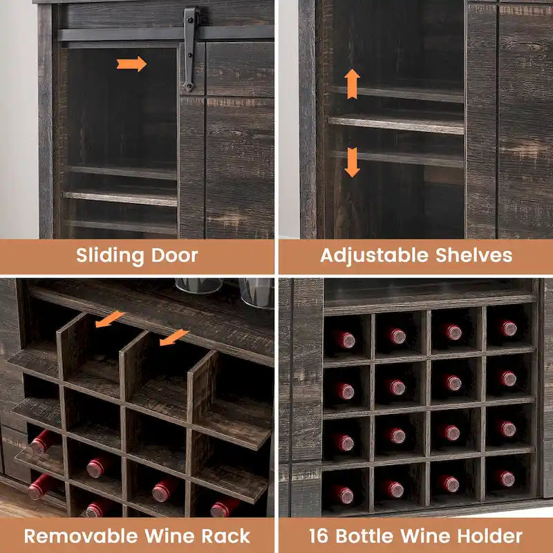 Meuble bar à vin en bois foncé/blanc avec porte coulissante de style rustique et range-bouteilles 16 emplacements – Unité simple
