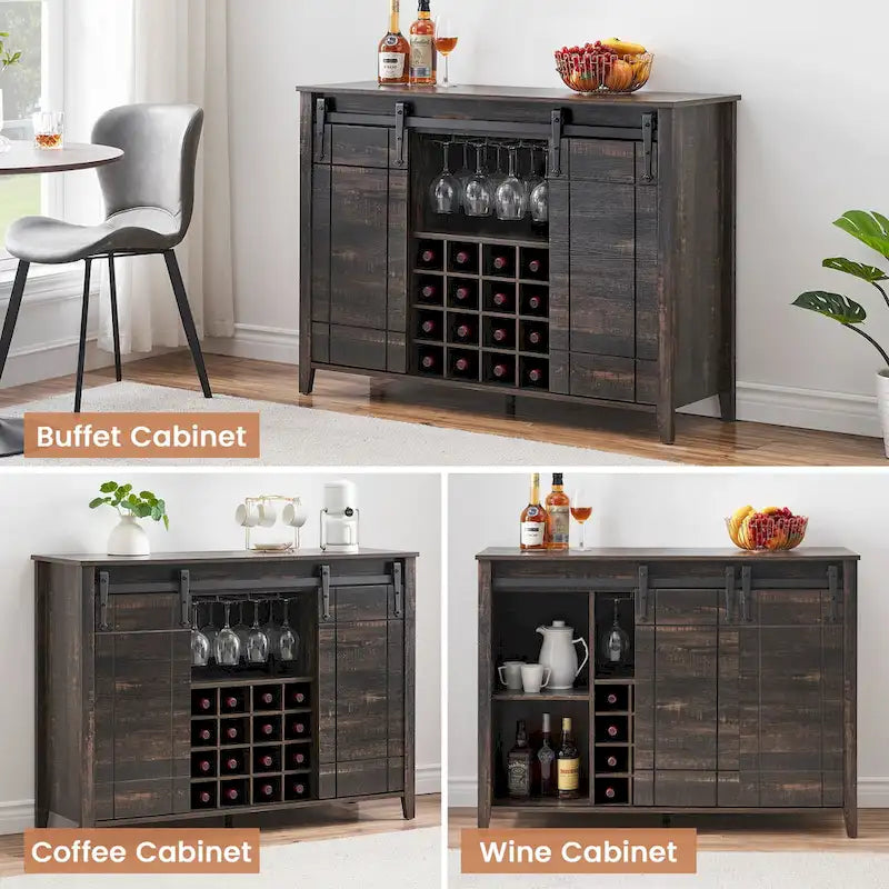 Meuble bar à vin en bois foncé/blanc avec porte coulissante de style rustique et range-bouteilles 16 emplacements – Unité simple
