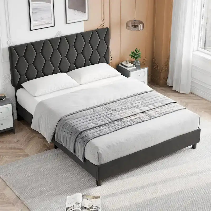 Cadre de lit plateforme rembourré capitonné en lin avec tête de lit réglable et lattes en bois – Lit simple, double, queen ou king size