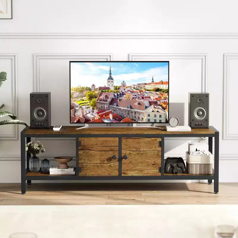 WhizMax 58 Inch TV Stand with Storage, up to 65 Inch TV,Wooden TV Stand for Living Room,Two Closed Storage Spaces and Open Shelves,Rustic Brown