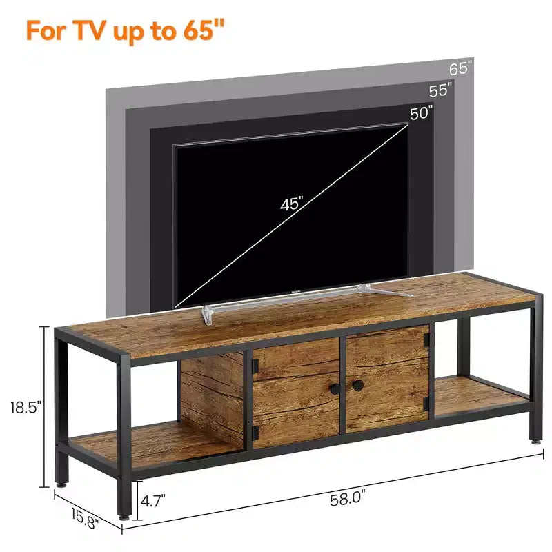 Meuble TV WhizMax de 58 po avec rangement, jusqu'à 65 po, meuble TV en bois pour salon, deux espaces de rangement fermés et étagères ouvertes, marron rustique