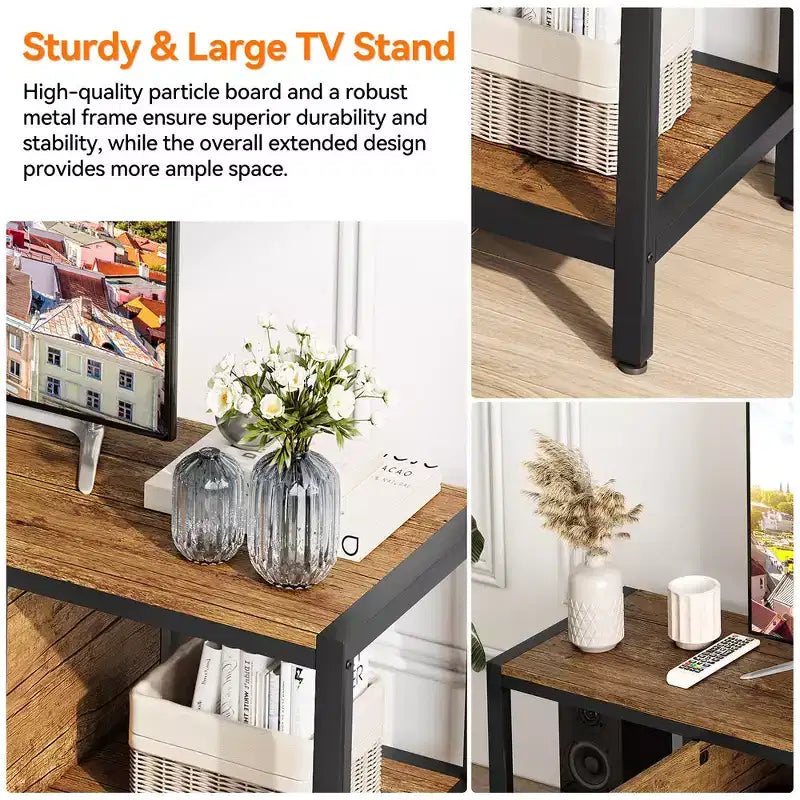 Meuble TV WhizMax de 58 po avec rangement, jusqu'à 65 po, meuble TV en bois pour salon, deux espaces de rangement fermés et étagères ouvertes, marron rustique