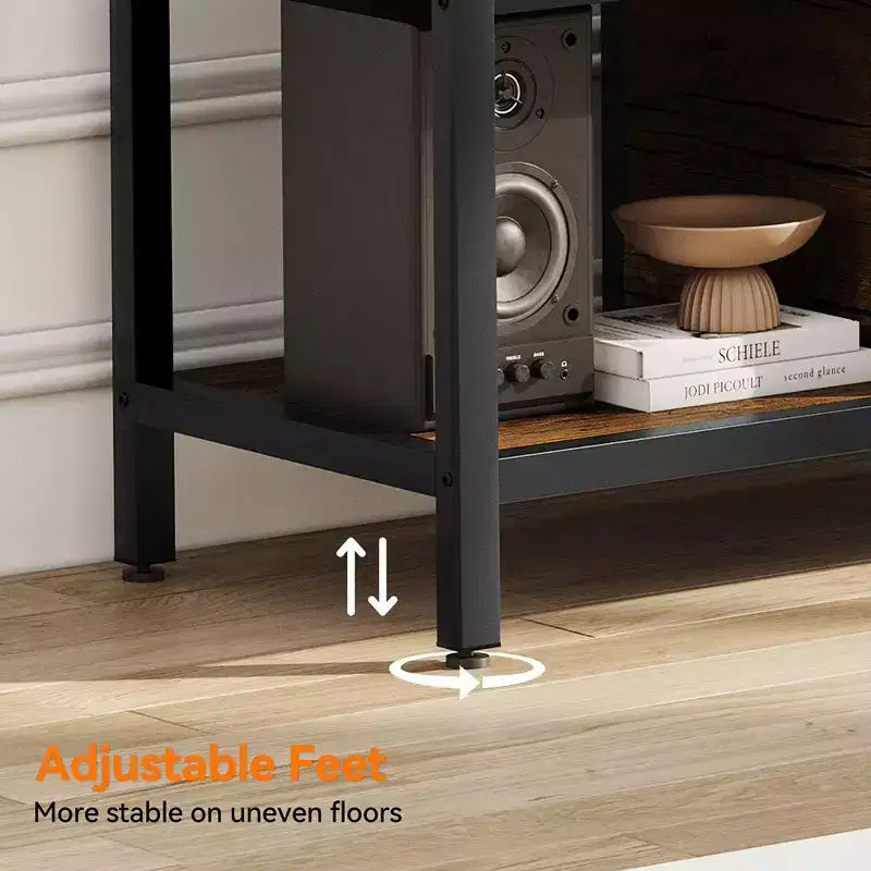 Meuble TV WhizMax de 58 po avec rangement, jusqu'à 65 po, meuble TV en bois pour salon, deux espaces de rangement fermés et étagères ouvertes, marron rustique