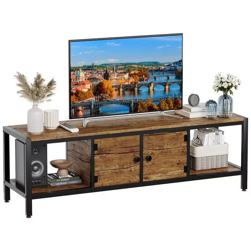 Meuble TV WhizMax de 58 po avec rangement, jusqu'à 65 po, meuble TV en bois pour salon, deux espaces de rangement fermés et étagères ouvertes, marron rustique