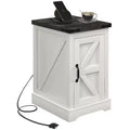 HOMCOM End Table with Charging Station and USB Ports, Farmhouse Side Table with Storage Cabinet for Living Room, Distressed White