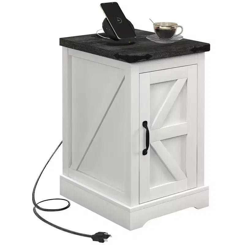 HOMCOM End Table with Charging Station and USB Ports, Farmhouse Side Table with Storage Cabinet for Living Room, Distressed White