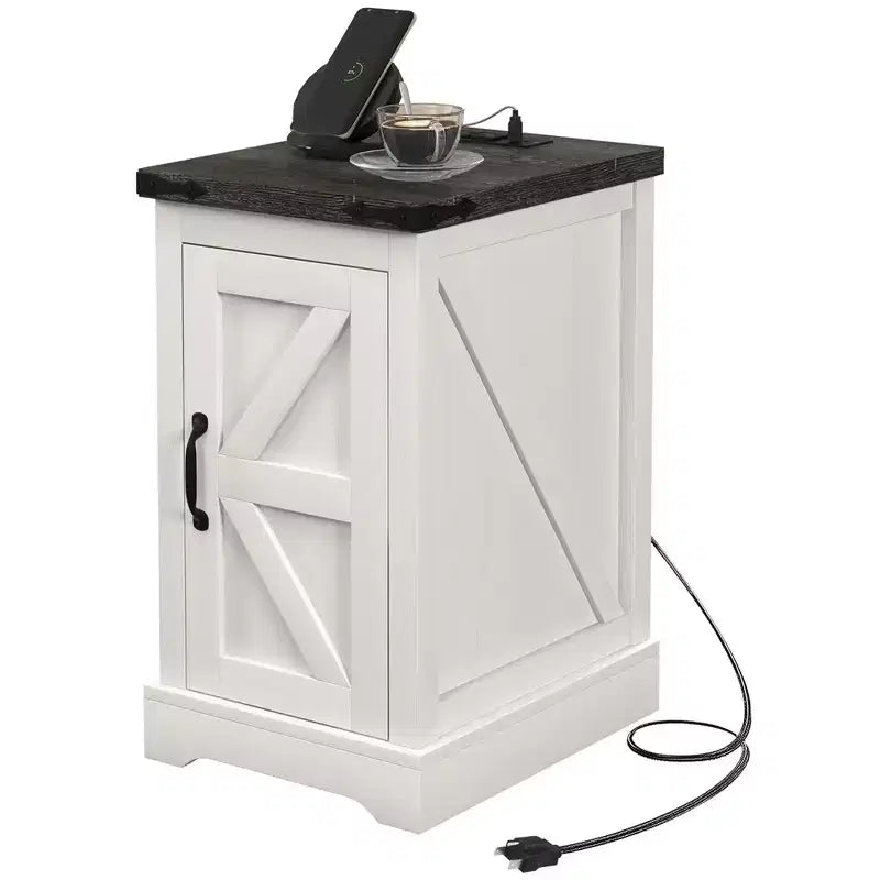 Table d'appoint HOMCOM avec station de charge et ports USB, table d'appoint de style rustique avec armoire de rangement pour salon, blanc vieilli