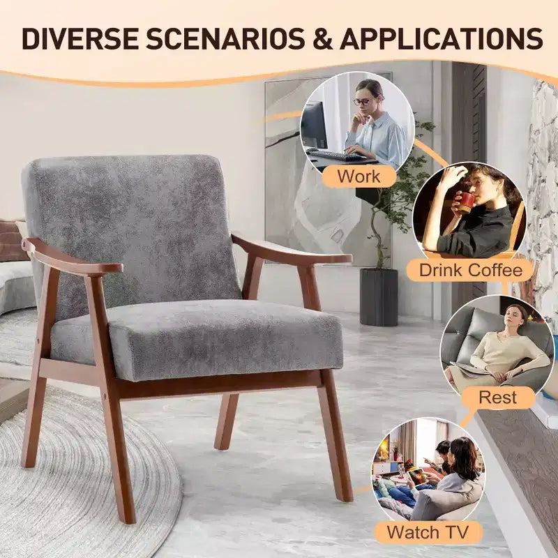 Fauteuil en Velours Accent, Chaises Modernes du Milieu du Siècle avec Dossier Ergonomique, Fauteuil de Lecture Individuel avec Cadre en Bois Massif pour Salon