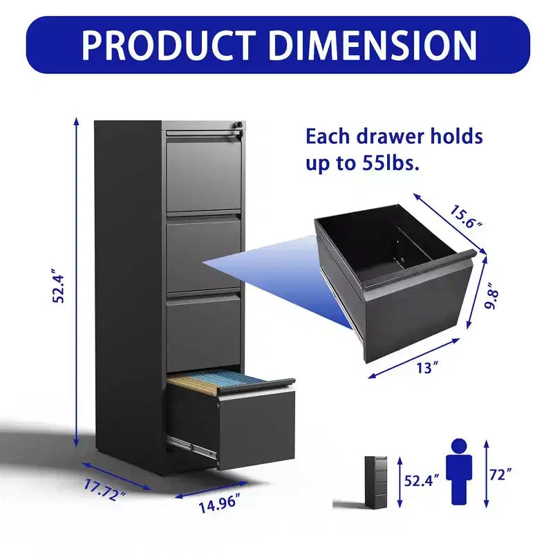Meuble de classement à 4 tiroirs, Classeurs métalliques avec serrure pour dossiers de format A4/Lettre/Legal, Armoire de rangement verticale en acier pour bureau à domicile