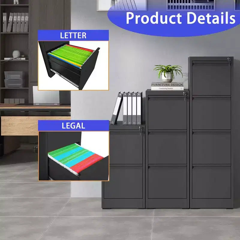 Meuble de classement à 4 tiroirs, Classeurs métalliques avec serrure pour dossiers de format A4/Lettre/Legal, Armoire de rangement verticale en acier pour bureau à domicile