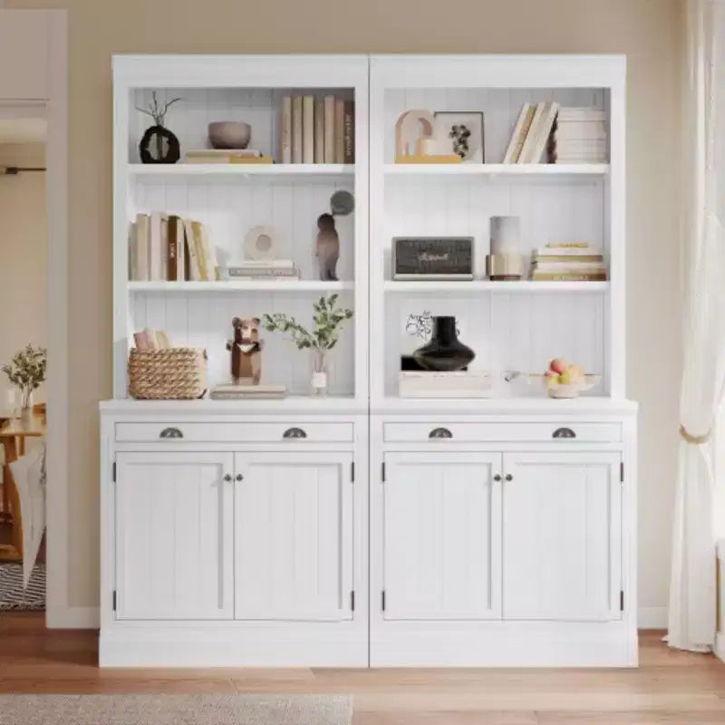 83.4 Tall Storage Bookcase With Open Shelves, 2-Piece Set Freestanding Bookshelf With 2 Doors And 1 Drawer For Home Office Bedroom Living Room