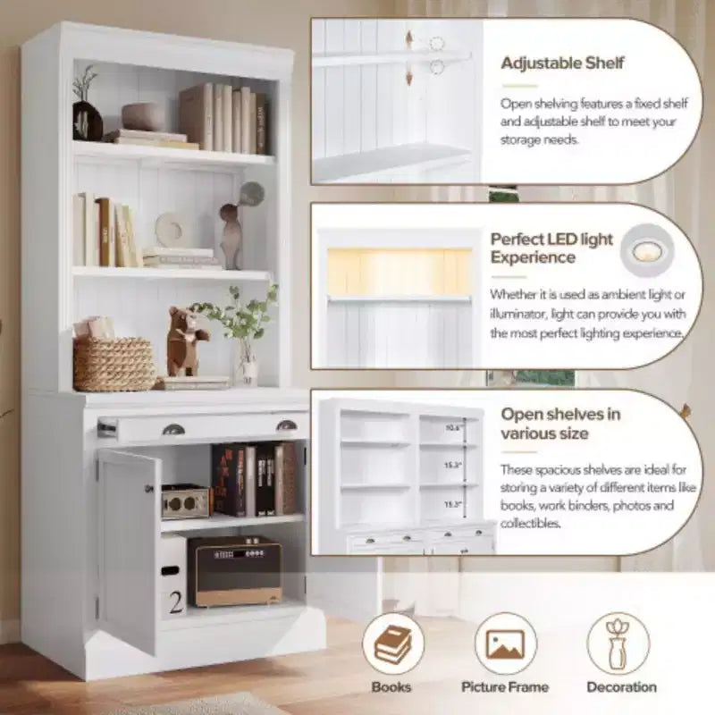 Bibliothèque haute de rangement de 211,8 cm avec étagères ouvertes, ensemble de 2 bibliothèques autoportantes avec 2 portes et 1 tiroir pour bureau, chambre, salon