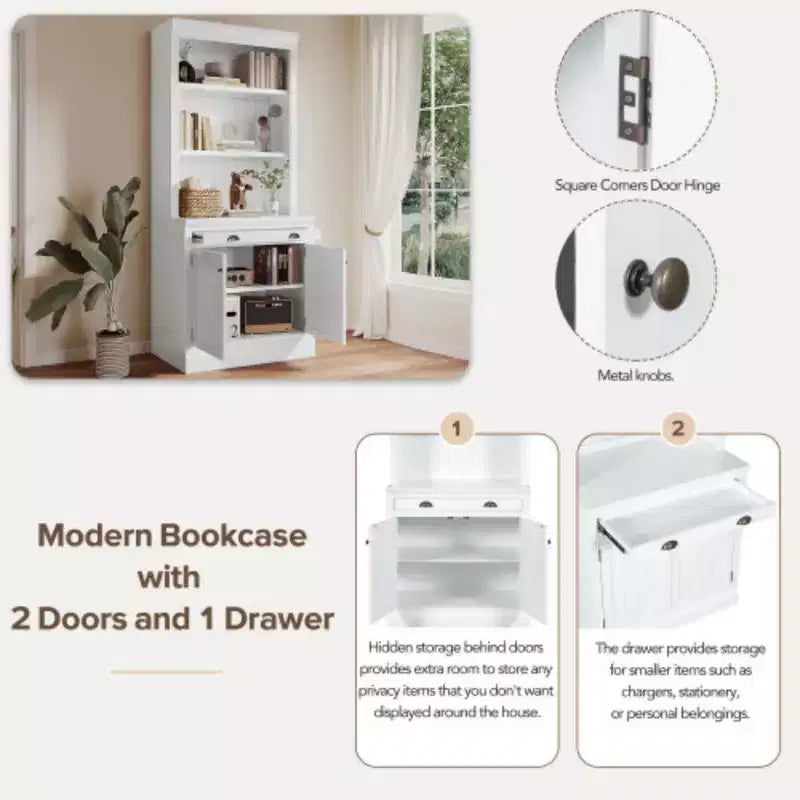 Bibliothèque haute de rangement de 211,8 cm avec étagères ouvertes, ensemble de 2 bibliothèques autoportantes avec 2 portes et 1 tiroir pour bureau, chambre, salon