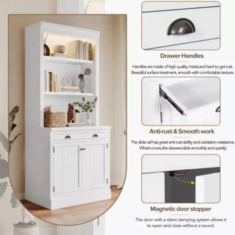 Bibliothèque haute de rangement de 211,8 cm avec étagères ouvertes, ensemble de 2 bibliothèques autoportantes avec 2 portes et 1 tiroir pour bureau, chambre, salon