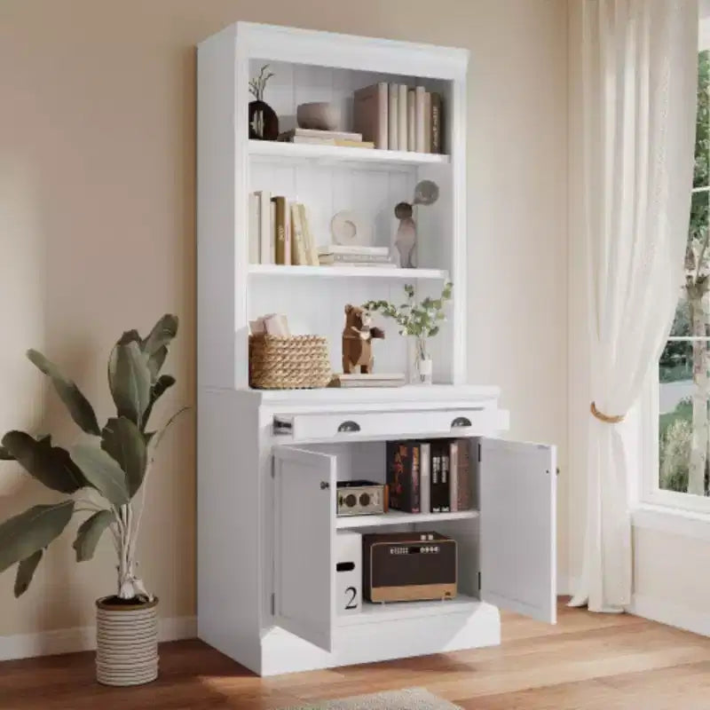 Bibliothèque haute de rangement de 211,8 cm avec étagères ouvertes, ensemble de 2 bibliothèques autoportantes avec 2 portes et 1 tiroir pour bureau, chambre, salon