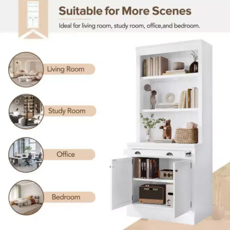 Bibliothèque haute de rangement de 211,8 cm avec étagères ouvertes, ensemble de 2 bibliothèques autoportantes avec 2 portes et 1 tiroir pour bureau, chambre, salon