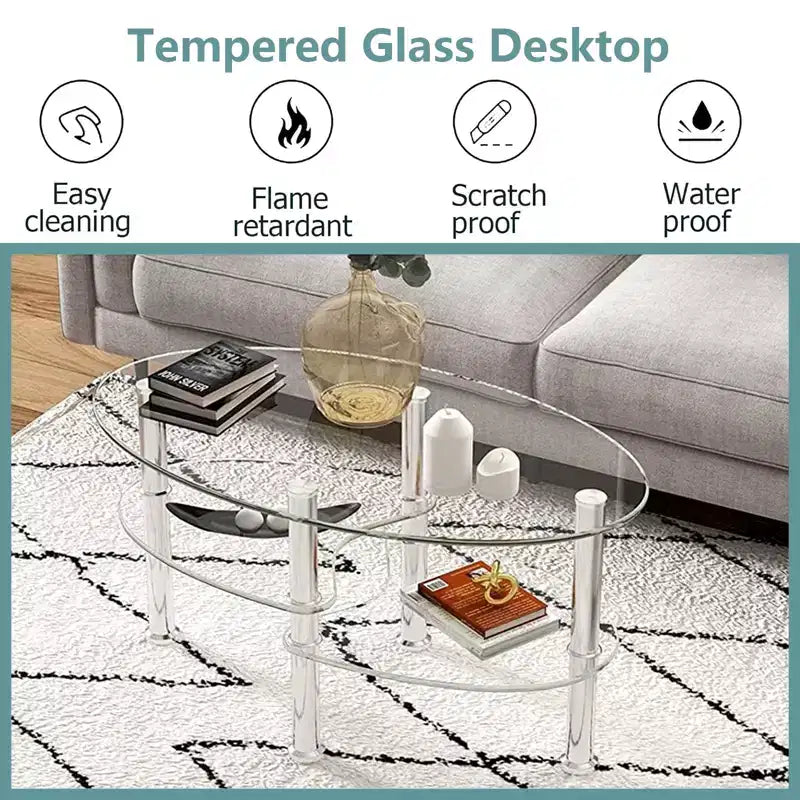 Table basse ovale en verre trempé avec étagère latérale de rangement et pieds en métal 89 x 51 cm Transparent
