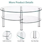 Table basse ovale en verre trempé avec étagère latérale de rangement et pieds en métal 89 x 51 cm Transparent