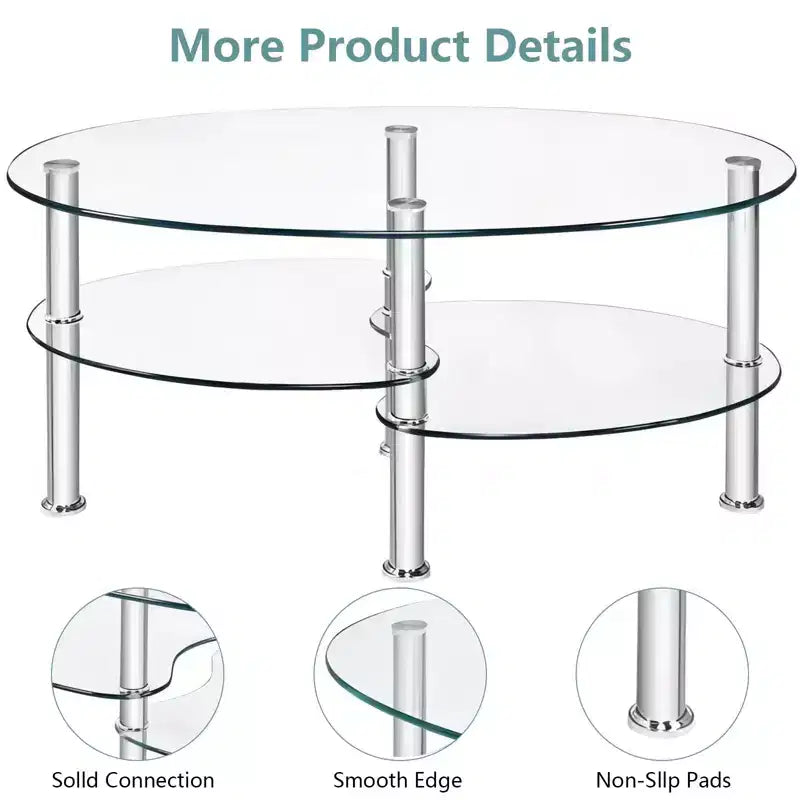 Table basse ovale en verre trempé avec étagère latérale de rangement et pieds en métal 89 x 51 cm Transparent